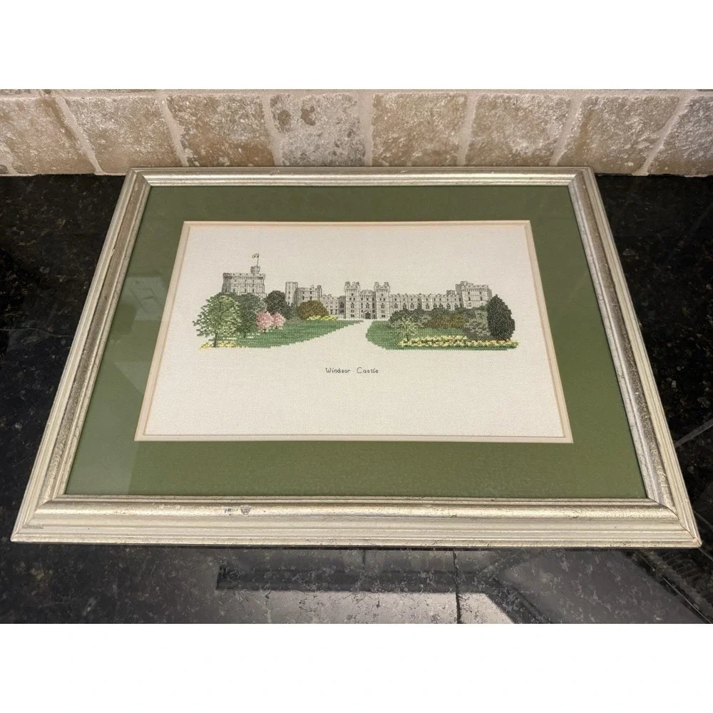 Vintage Framed Cross Stitch Windsor Castle 16x21 Wall Art UK Cottagecore
